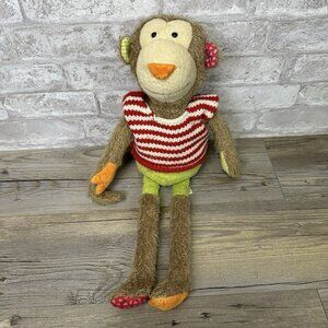 Sigikid Brown Monkey Plush Germany 18” Toy Green Orange Hands Striped Sweater
